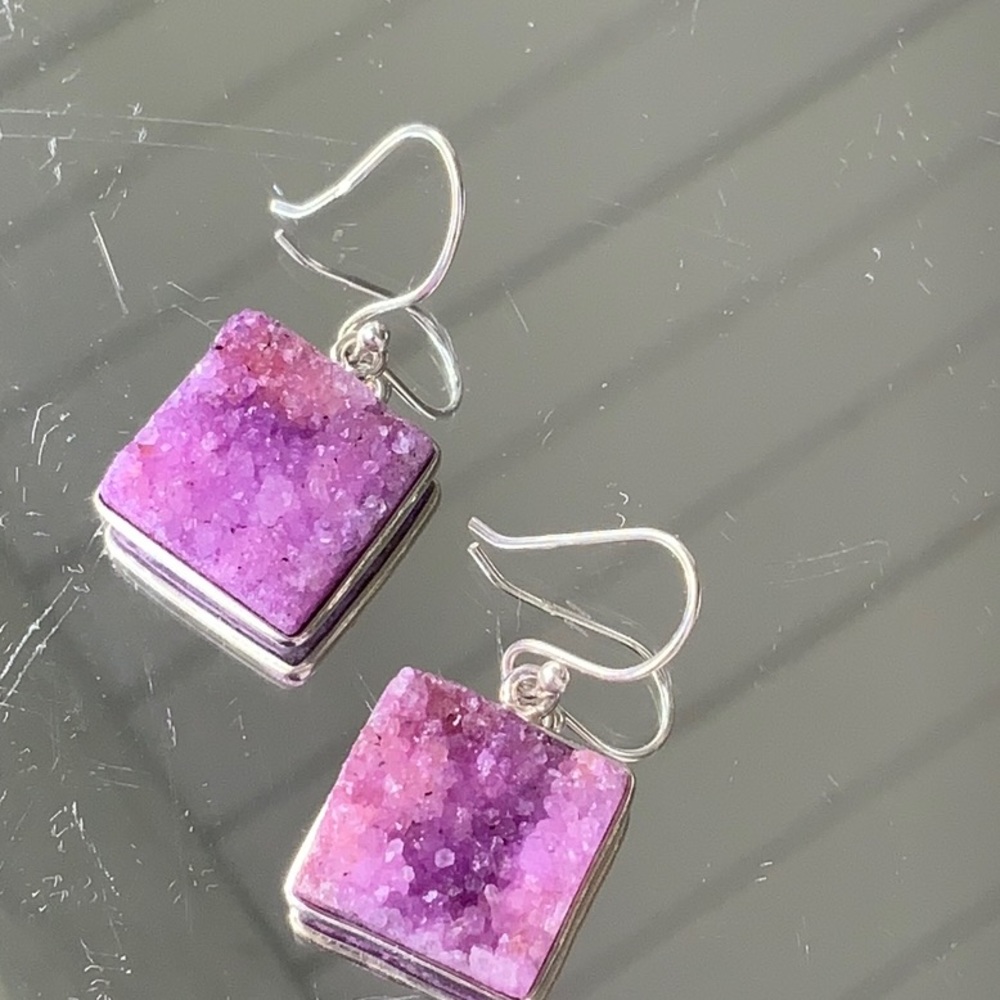 NATURAL PURPLE AGATE DRUZY 925 STERLING SILVER EARRINGS